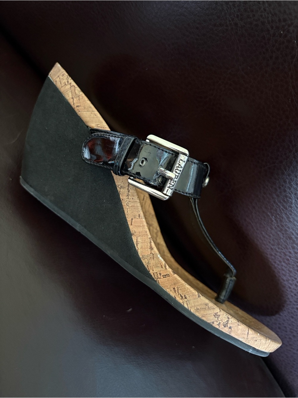 Lauren Ralph Lauren Black Patent Thong Sandals with Cork-Print Footbed